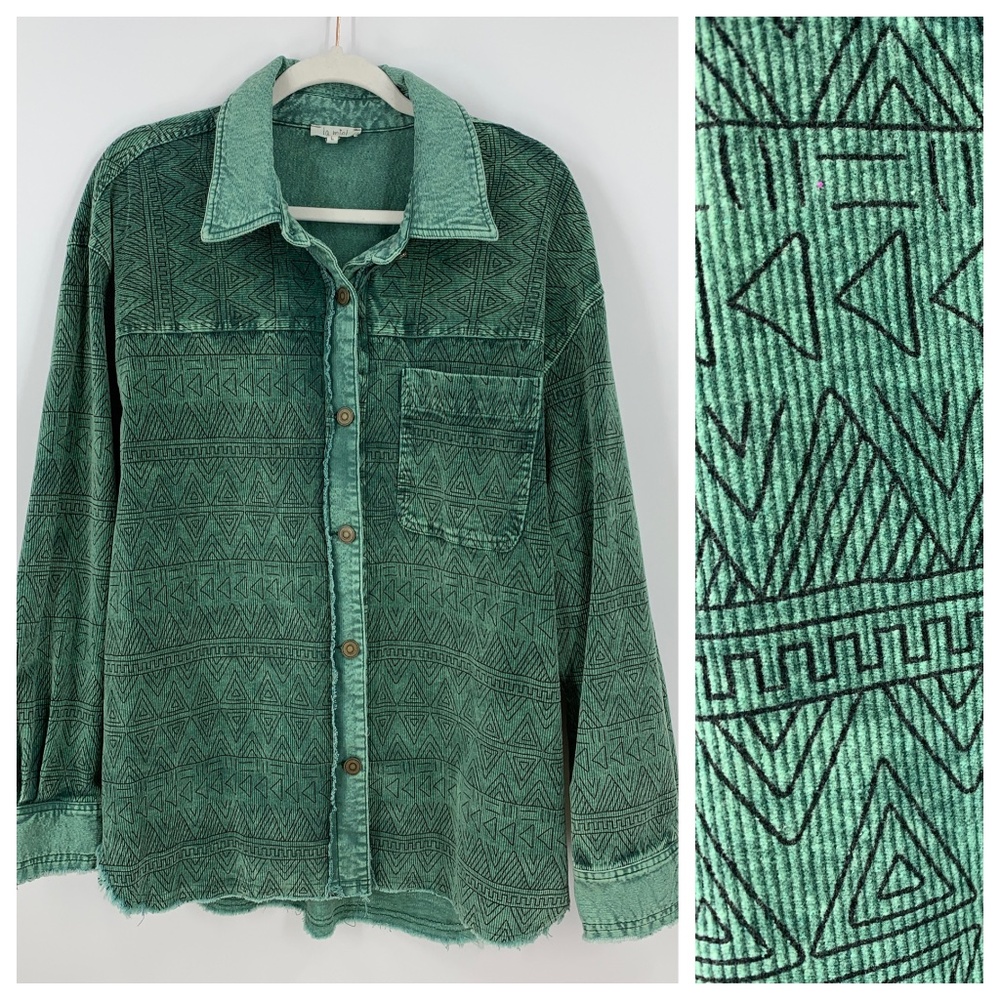 La Miel Vintage Washed Geometric Print Corduroy Raw Edge Shacket Sz L